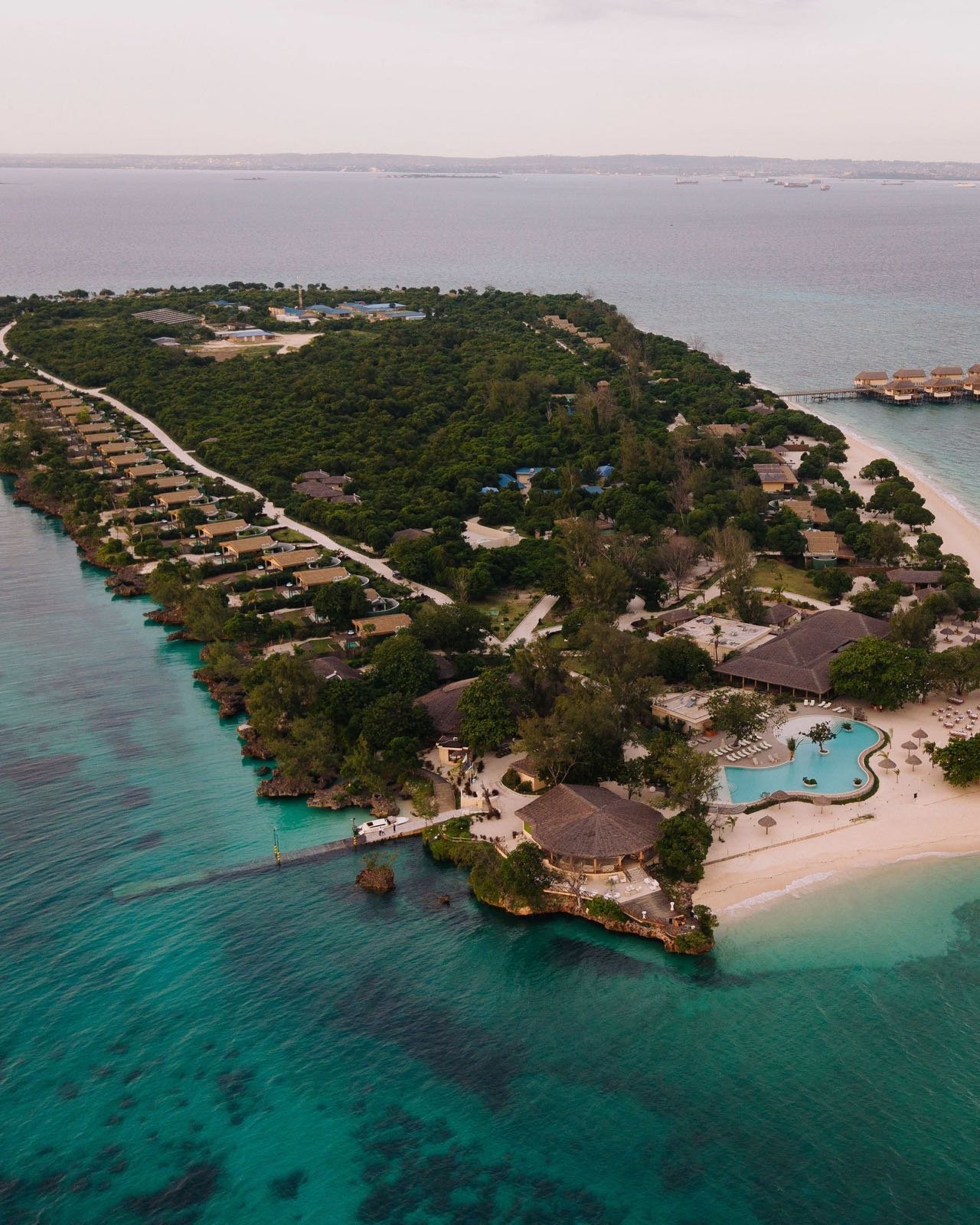 Aerial view of a Zanzibar island resort and turquoise lagoon